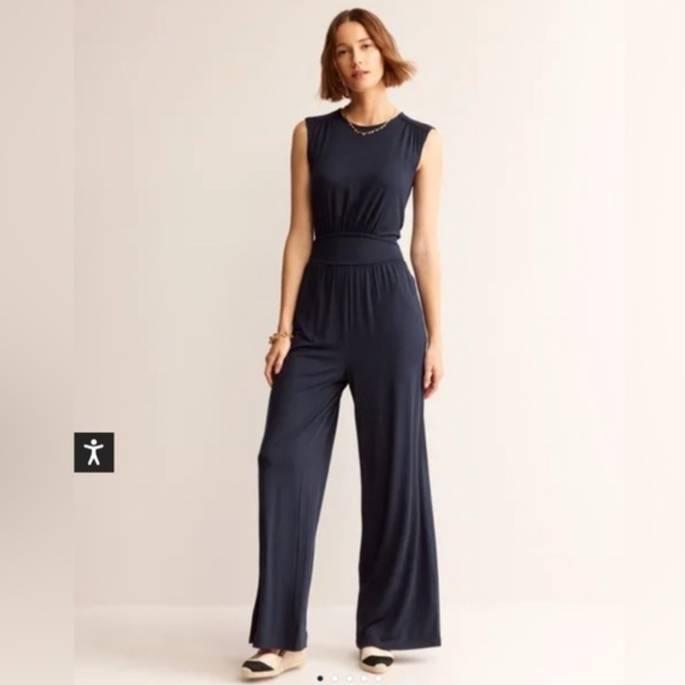 Boden Thea Navy Blue Stretch Jersey Sleeveless Wide Leg Casual Jumpsuit Size 12P